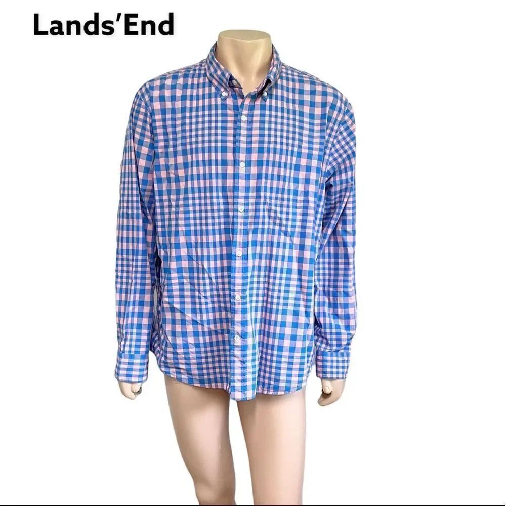 Lands’End traditional fit cotton blue pink plaid long sleeves buttoned shirt XL
